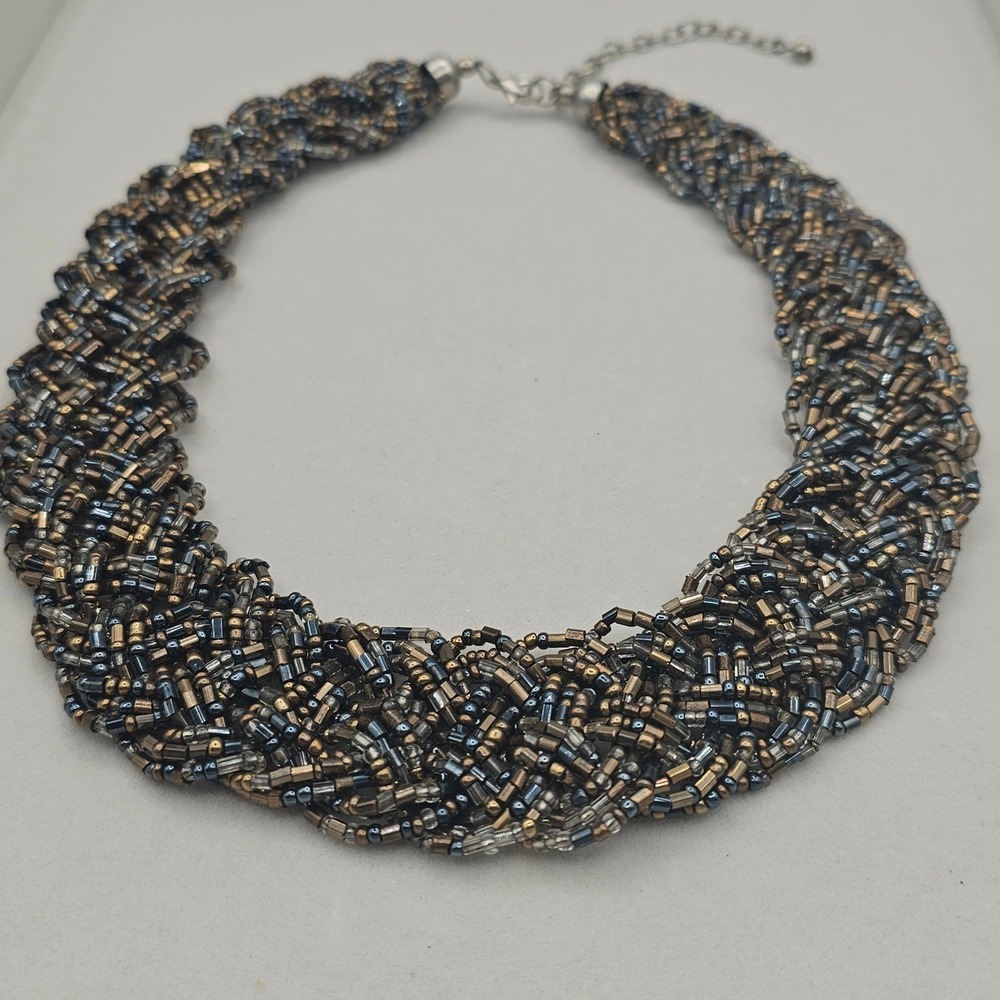 Braid Seed Bead Statement Necklace 21" Torsade Bronze Gold Tones Bib Boho Earthy - Picture 3 of 12